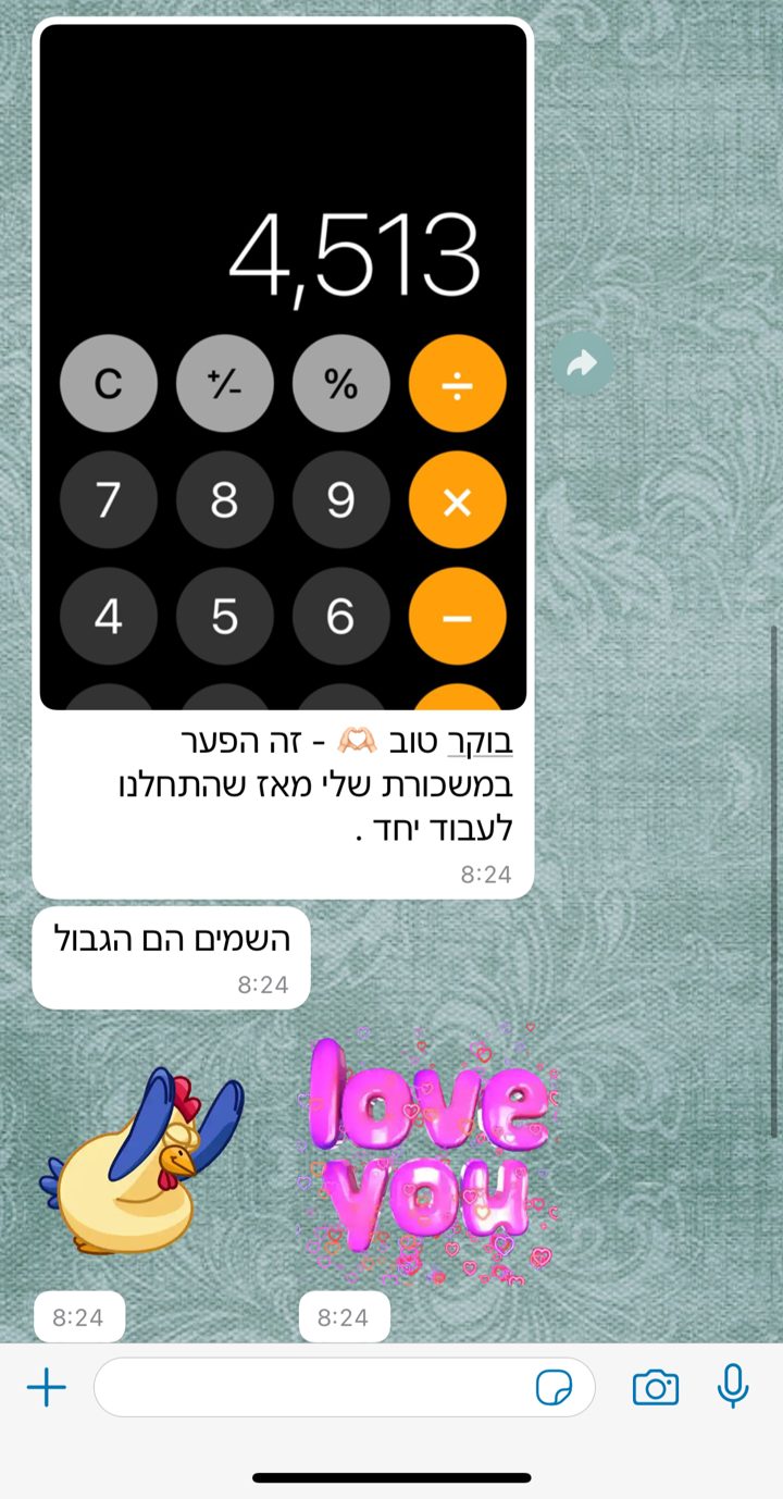 הודעת וואטסאפ מלקוחה: זה הפער במשכורת שלי מאז שהתחלנו לעבוד יחד, 4,513